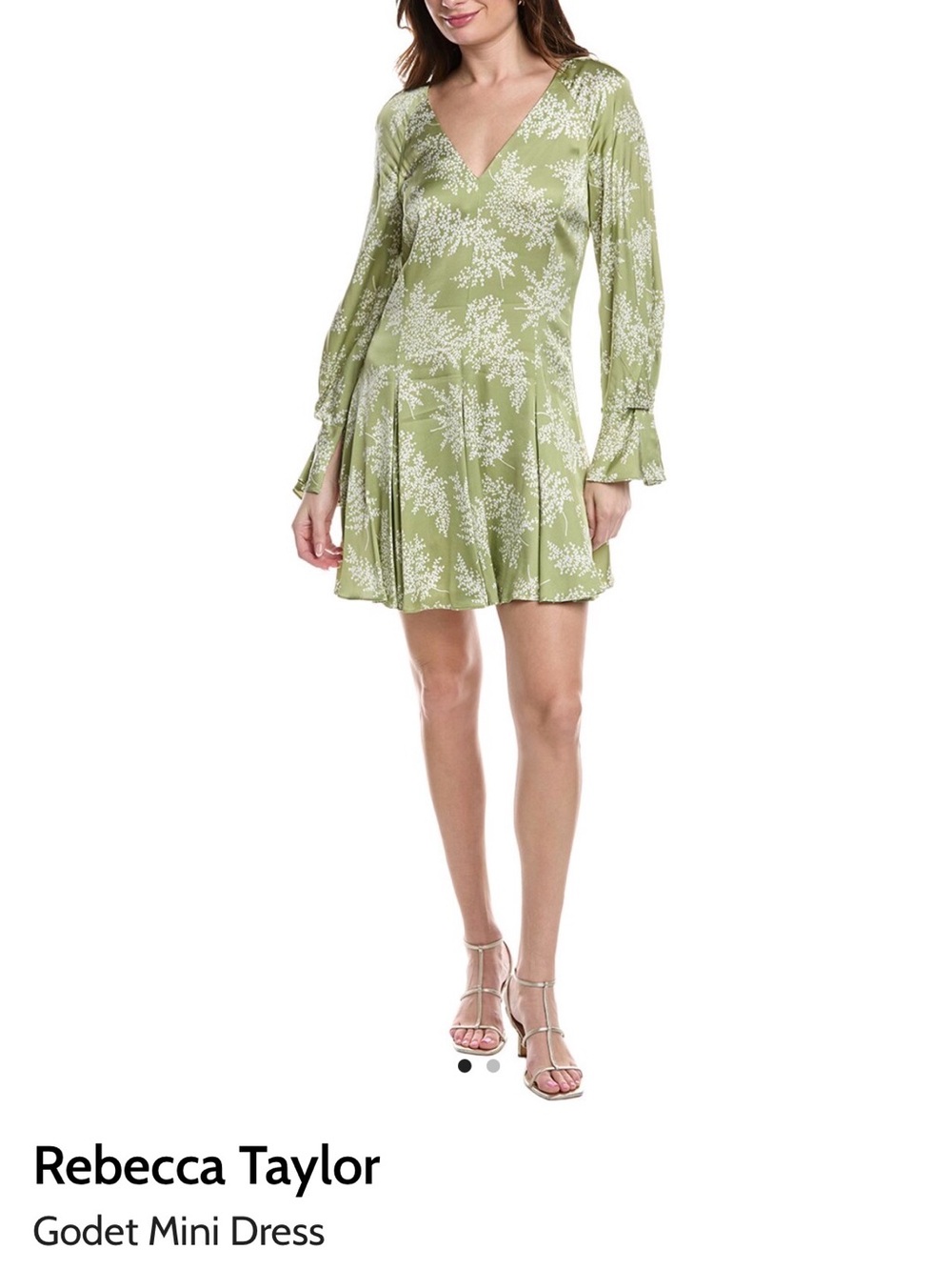 Rebecca Taylor Sage Green Floral V-Neck Godet Mini Dress
